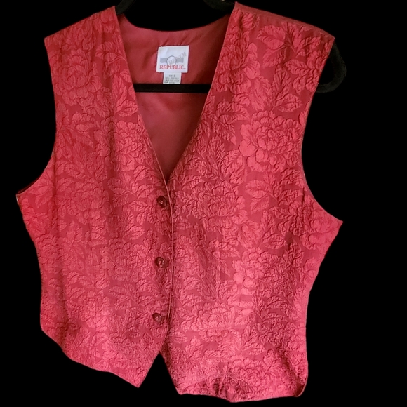 Vintage Red Embossed Victorian Denim Republic Ladies Vest Sz L - Picture 2 of 10